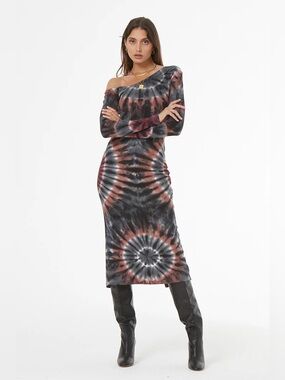 NWT YFB | Alora Midi Dress Tie Dye Asymmetrical Shoulder Long Sleeve S